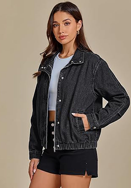 Washed Black Women's Funnel Neck Denim Jacket — Oversized Zip Up Jean Jacket with Drop Shoulder, Elastic Hem & Side Slant Pockets