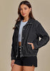 Washed Black Women's Funnel Neck Denim Jacket — Oversized Zip Up Jean Jacket with Drop Shoulder, Elastic Hem & Side Slant Pockets