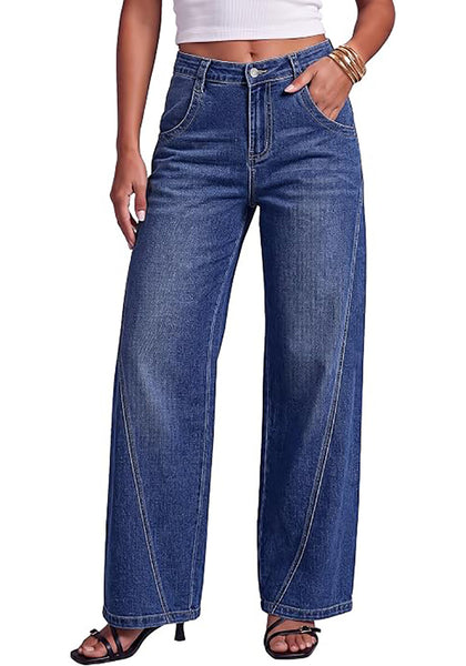 Darkness Blue  Women's Wide Leg High Waist Stretch Jeans Baggy Straight Leg Denim Pants,  29.5 Inch Inseam Angled Side Seam, Country Concert Western Style
