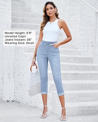 Powder Blue - Acid Wash Women's High Waisted Elastic Slight Stretch Denim Pull On Cuffed Hem Capri Jeans Denim Pants