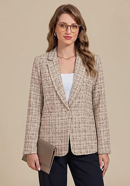 GRAPENT Women's Tweed Plaid Blazer | Notched Lapel, Fully Lined, Shoulder Pads, Single Button, 2 Pockets, Interview Office Business Casual