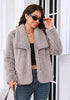 Light Gray Wide Lapel Faux Fur Coat for Women — Oversized Dropped Shoulder Jacket with Side Pockets & Snap Buttons