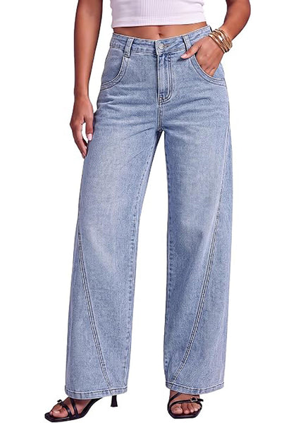 Ice Blue Women's Wide Leg High Waist Stretch Jeans Baggy Straight Leg Denim Pants, 29.5 Inch Inseam Angled Side Seam, Country Concert Western Style