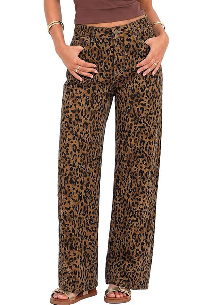 GRAPENT Women's High Waist Wide Leg Leopard Jeans | Stretchy Denim, Baggy Loose Fit, 29.5" Inseam, Cheetah Print, Western Chic Outfits