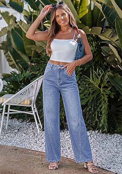 Modern Blue Women's Wide Leg High Waist Stretch Jeans Baggy Straight Leg Denim Pants,  29.5 Inch Inseam Angled Side Seam, Country Concert Western Style