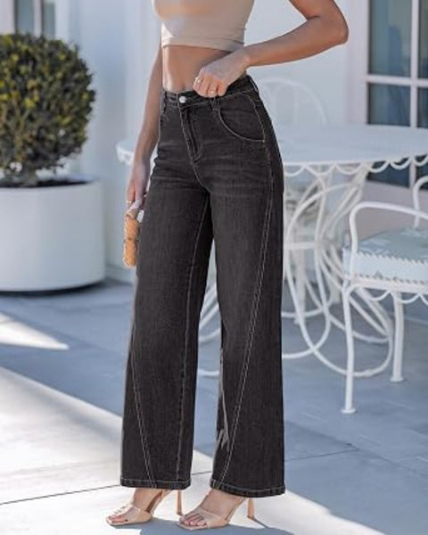 Washed Black Women's Wide Leg High Waist Stretch Jeans Baggy Straight Leg Denim Pants,  29.5 Inch Inseam Angled Side Seam, Country Concert Western Style