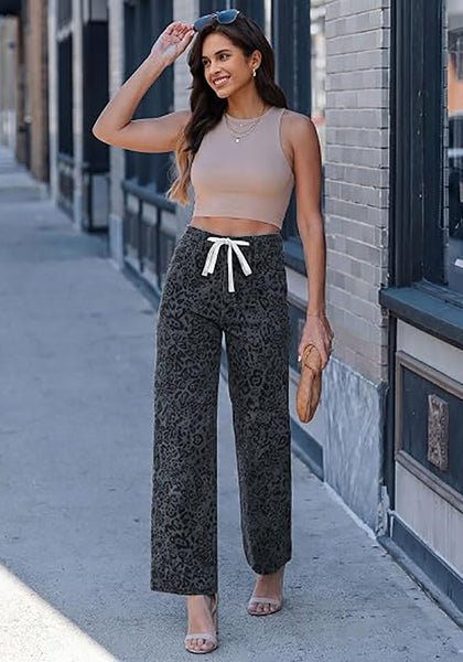 GRAPENT Women's High Waisted Wide Leg Leopard Jeans | Leopard Print Denim, Drawstring Waist, Loose Straight Leg, 28" Inseam, Dressy Casual Everyday Wear