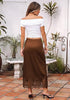 Brown Women's Satin Maxi Skirt — Silky Bias Cut Long Slip Skirt with Easy Pull On Elastic Waistband & Lace Trim Hem