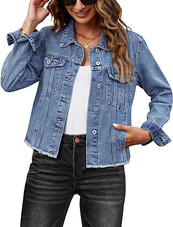 Medium Blue Acid Washed Women's Denim Frayed Hem Button Up Distressed Jackets