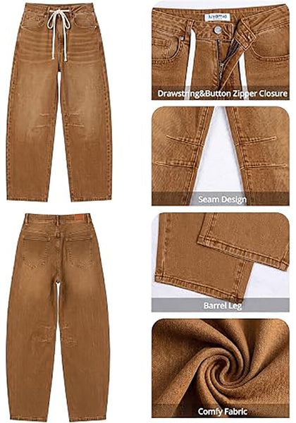 Golden Brown Barrel Jeans for Women High Waisted Baggy Drawstring Wide Leg Denim Pants Stretchy Ankle Length 27.5 Inseam Casual Trendy