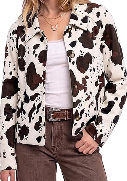 Multi Cow Print Women's Cow Print Faux Suede Shacket — Cropped Button Down Jacket with Pockets & Full Lining