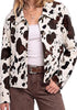 Multi Cow Print Women's Cow Print Faux Suede Shacket — Cropped Button Down Jacket with Pockets & Full Lining