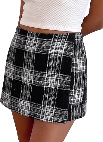 Black White Women's Plaid Skort High Waist Faux Wrap Mini Skirt with Side Zipper, Elastic Back & Built-in Shorts