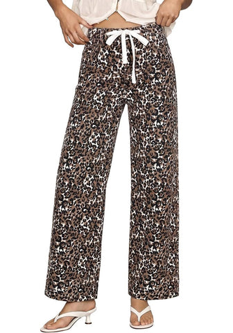 GRAPENT Women's High Waisted Wide Leg Leopard Jeans | Leopard Print Denim, Drawstring Waist, Loose Straight Leg, 28" Inseam, Dressy Casual Everyday Wear