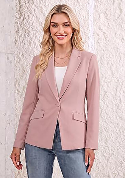 Pink Women's Notched Lapel Blazer, Single Button Shoulder Pads Suit Jacket, Long Sleeve Business Casual Work Office Blazer with Pockets & Back Slit