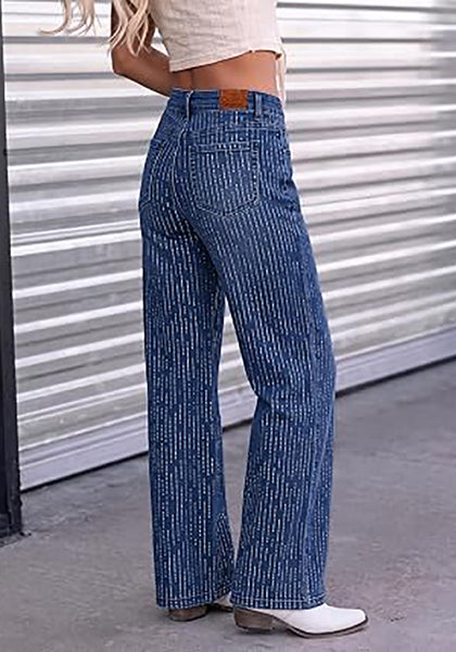 Darkness Blue  Women's Rhinestone Wide Leg Jeans, High Waisted Stretch Glitter Sparkly Embellished Denim Pants, 29.5" Inseam Trendy Party Night Out Outfits