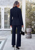 Navy Blue Women's 2 Piece Blazer Pants Suit, Business Casual Long Sleeve Belted Double Breasted Blazer & Elastic High Waisted Flared Pants Set, Dressy Office Work Outfits
