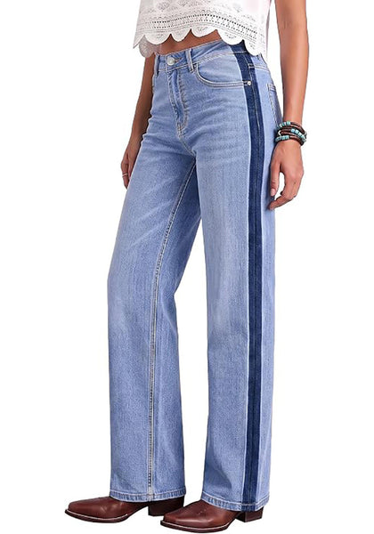 Lakeside Blue Women's High Waisted Straight Leg Jeans, Tuxedo Side Stripe Stretchy Denim Pants, 29" Inseam Relaxed Fit 90s Style Concert Outfits