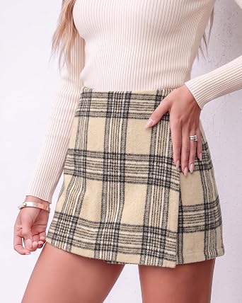 Beige Black Women's Plaid Skort High Waist Faux Wrap Mini Skirt with Side Zipper, Elastic Back & Built-in Shorts