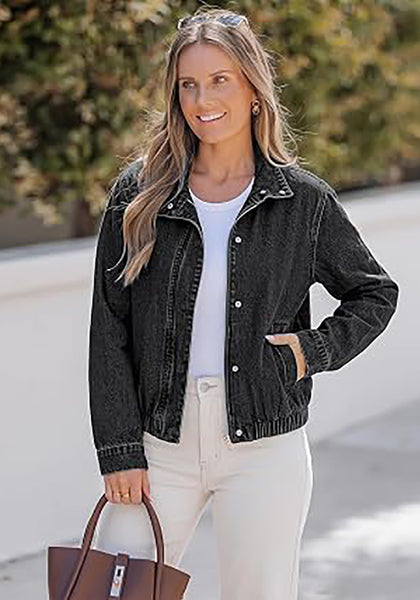Washed Black Women's Funnel Neck Denim Jacket — Oversized Zip Up Jean Jacket with Drop Shoulder, Elastic Hem & Side Slant Pockets