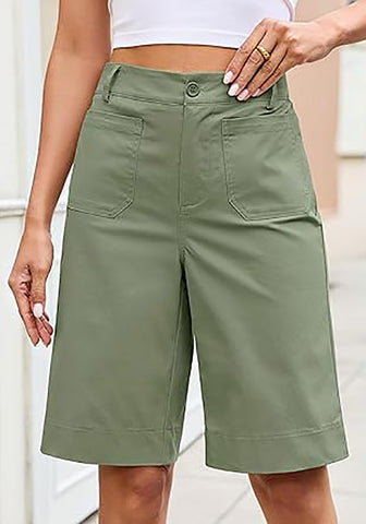LookbookStore Women's Olivine High Waisted Knee Length Bermuda Shorts Casual Dressy Chino Shorts with Elastic Waist and Patch Pockets