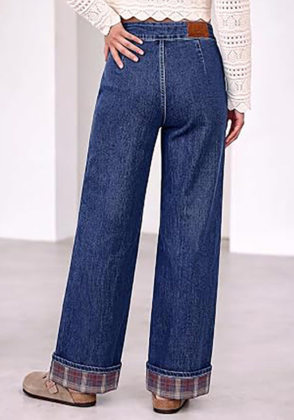 Darkness Blue Women's High Rise Wide Leg Jeans — Stretchy Denim Pants with Double Button Waistband, Vertical Seam & Contrast Plaid Cuffs