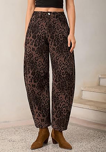 Brown Leopard Women's Trendy Leopard Barrel Jeans — High Waisted Baggy Wide Leg Stretchy Denim Pants with Front Seam & Ankle Length