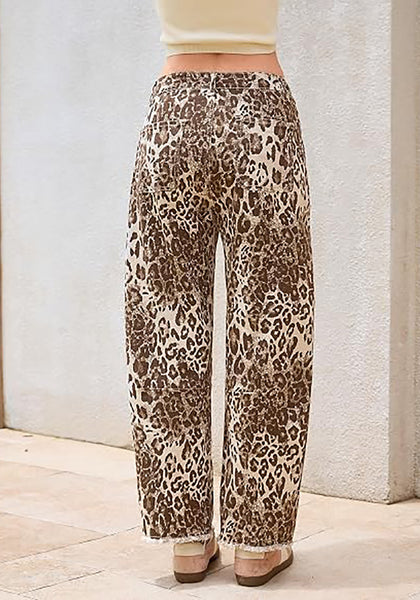 GRAPENT Women's High Rise Leopard Barrel Jeans | Leopard Print Denim, Adjustable Cinched Waist, Frayed Hem, 28" Inseam, Country Concert Casual Work Wear
