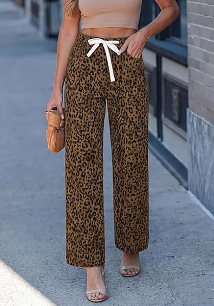 GRAPENT Women's High Waisted Wide Leg Leopard Jeans | Leopard Print Denim, Drawstring Waist, Loose Straight Leg, 28" Inseam, Dressy Casual Everyday Wear