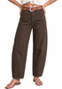 Dark Brown Women's Trendy Barrel Jeans — High Waisted Baggy Wide Leg Denim Pants with Cinched Waist, Front Seam & Ankle Length