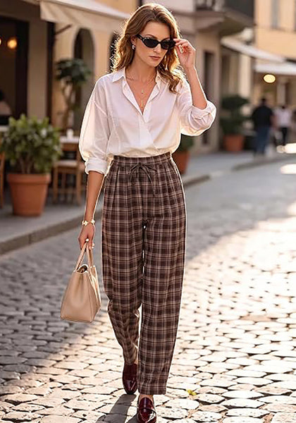 GRAPENT Women's High Waisted Plaid Barrel Pants | Tapered Wide Leg, Elastic Drawstring Waist, Front Pockets, Work Office Casual Fall Outfits