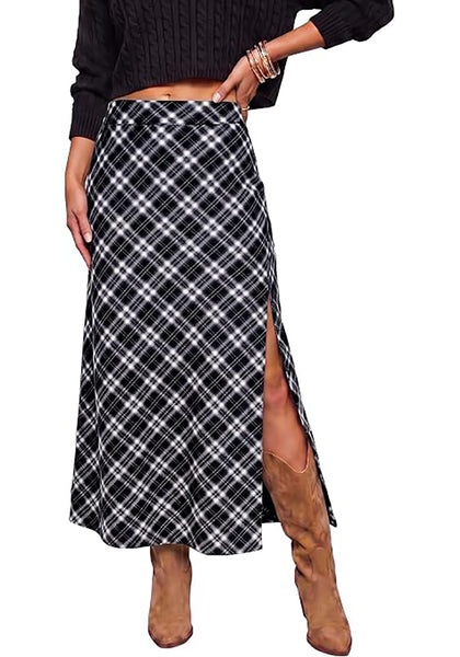 Black % white Women's Trendy Plaid Maxi Skirt — High Waisted A Line Long Skirt with Side Slit, Vintage Pattern & Back Elastic Waist