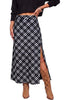 Black % white Women's Trendy Plaid Maxi Skirt — High Waisted A Line Long Skirt with Side Slit, Vintage Pattern & Back Elastic Waist