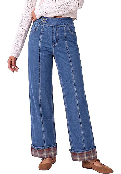 Classic Blue Women's High Rise Wide Leg Jeans — Stretchy Denim Pants with Double Button Waistband, Vertical Seam & Contrast Plaid Cuffs