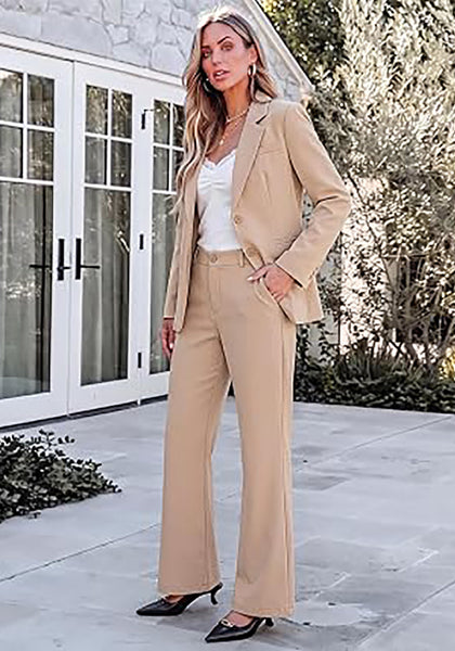 Beige Women's 2 Piece Pant Suits, Business Casual Buttoned Blazer and High Waisted Bootcut Pants Set, 29" Inseam Professional Office Fall Teacher Outfits
