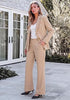 Beige Women's 2 Piece Pant Suits, Business Casual Buttoned Blazer and High Waisted Bootcut Pants Set, 29