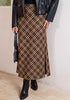 Brown & Khaki Women's Trendy Plaid Maxi Skirt — High Waisted A Line Long Skirt with Side Slit, Vintage Pattern & Back Elastic Waist