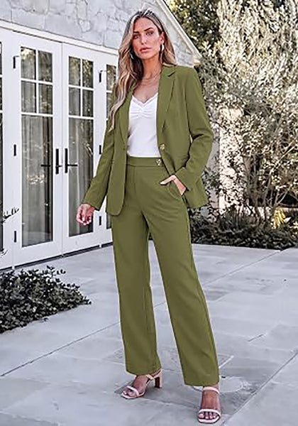 Olive Green Women's Elegant Business Pantsuit — Single Button Blazer & High Waisted Pants with Adjustable Waistband