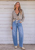 Medium Blue Barrel Jeans for Women High Waisted Baggy Drawstring Wide Leg Denim Pants Stretchy Ankle Length 27.5 Inseam Casual Trendy