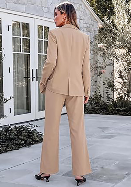 Beige Women's 2 Piece Pant Suits, Business Casual Buttoned Blazer and High Waisted Bootcut Pants Set, 29" Inseam Professional Office Fall Teacher Outfits