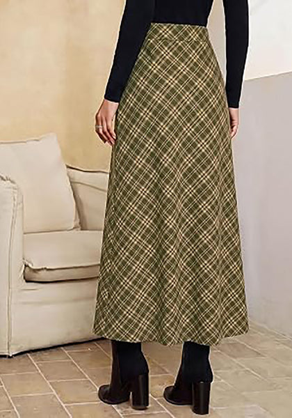 Green & Khaki Women's Trendy Plaid Maxi Skirt — High Waisted A Line Long Skirt with Side Slit, Vintage Pattern & Back Elastic Waist
