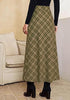 Green & Khaki Women's Trendy Plaid Maxi Skirt — High Waisted A Line Long Skirt with Side Slit, Vintage Pattern & Back Elastic Waist