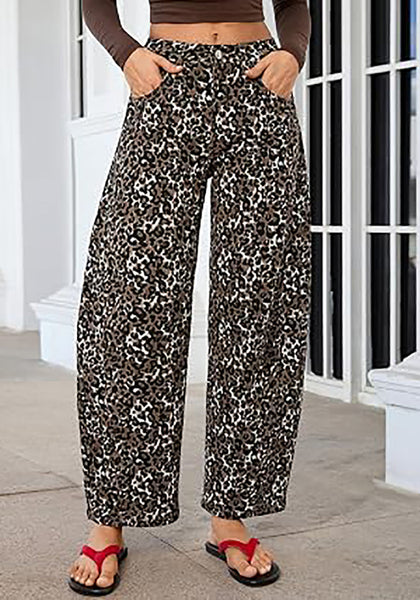 Bleached Sand Leopard Women's Trendy Leopard Barrel Jeans — High Waisted Baggy Wide Leg Stretchy Denim Pants with Front Seam & Ankle Length