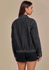 Washed Black Women's Funnel Neck Denim Jacket — Oversized Zip Up Jean Jacket with Drop Shoulder, Elastic Hem & Side Slant Pockets