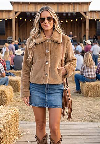 Khaki Women's Cropped Fluffy Faux Fur Coat — Oversized Lapel Jacket with Button Down Closure & Warm Lining