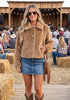 Khaki Women's Cropped Fluffy Faux Fur Coat — Oversized Lapel Jacket with Button Down Closure & Warm Lining