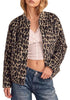 Safari Leopard Women's Leopard Print Bomber Jacket — Oversized Brushed Wool Blend Cheetah Jacket with Stand Collar, Snap Buttons & Elastic Hem