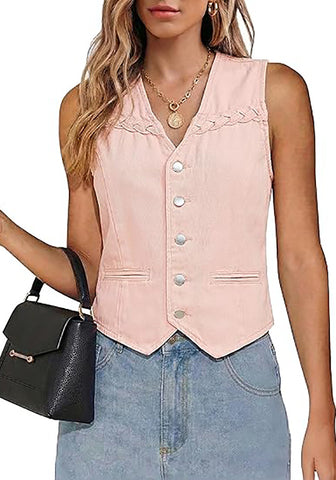 LookbookStore Women Candy Pink Casual Sleeveless Denim Vest Button Down Braided Adjustable Waist Western Jean Waistcoat