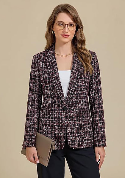 GRAPENT Women's Tweed Plaid Blazer | Notched Lapel, Fully Lined, Shoulder Pads, Single Button, 2 Pockets, Interview Office Business Casual