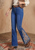 Classic Blue  Women's Floral Embroidery Flare Jeans — High Waisted Stretchy Bootcut Denim with Raw Frayed Hem & Retro Distressed Wash